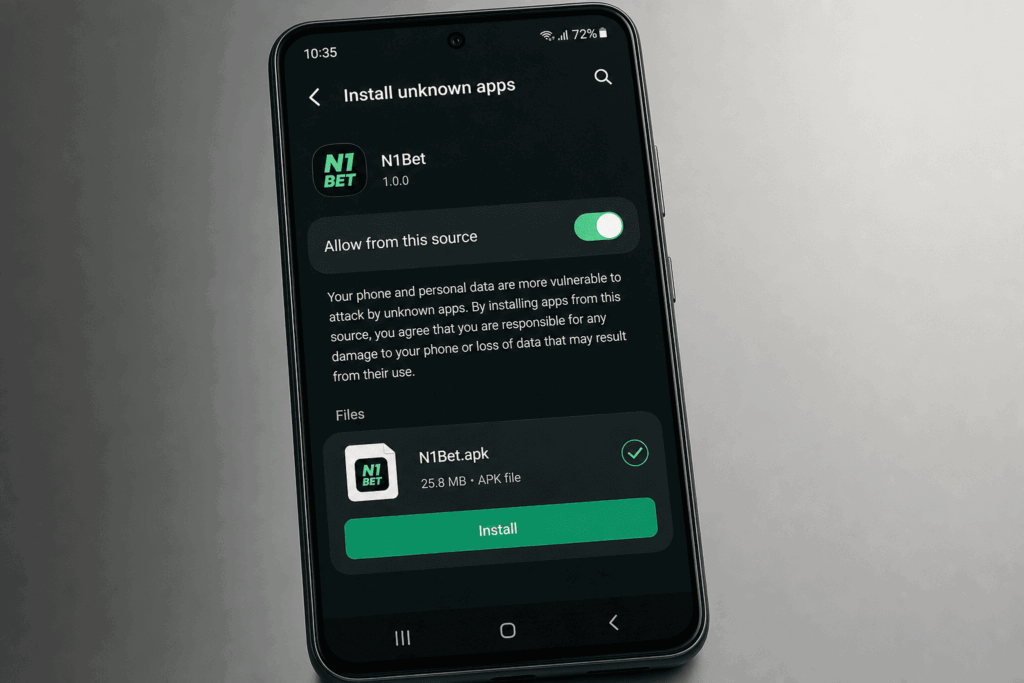 Android security settings allowing N1Bet apk installation on a smartphone - n1bets.it