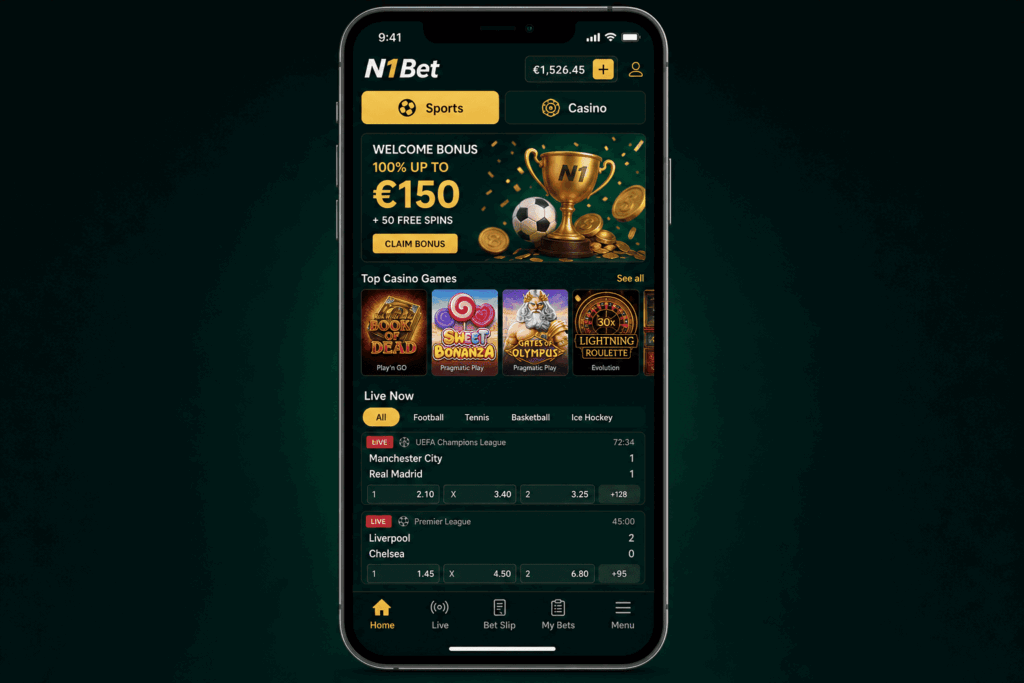 Main interface and user dashboard of the N1Bet mobile app - n1bets.it