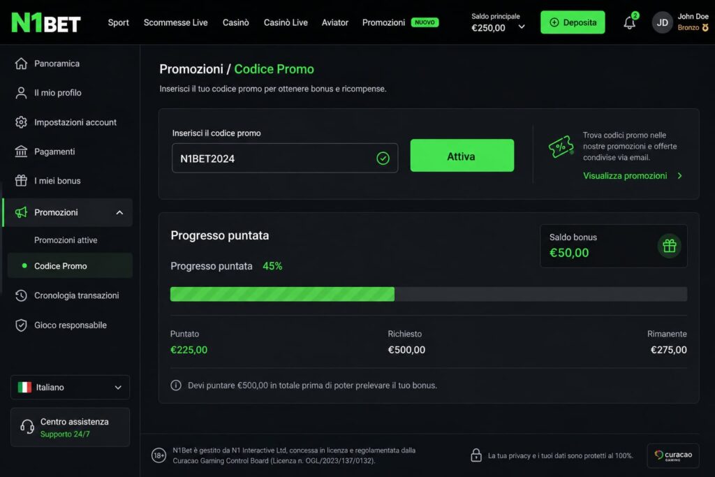 Pannello di attivazione bonus passo-passo nella dashboard del profilo N1Bet - n1bets.it