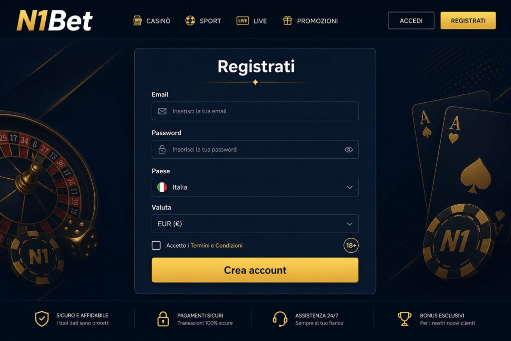 Interfaccia ufficiale del modulo di registrazione N1Bet per creare un nuovo account utente - n1bets.it