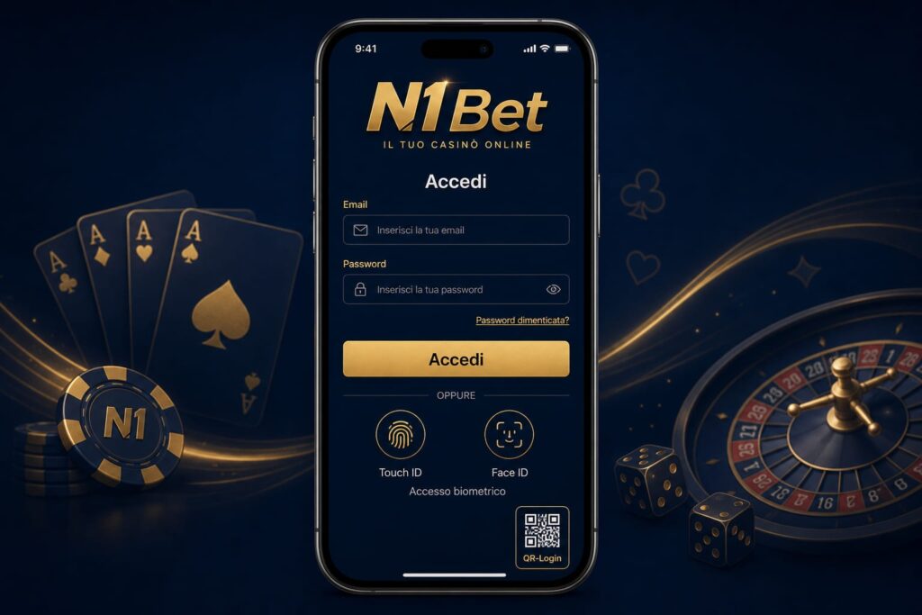 Schermata di accesso mobile dell’app N1Bet con funzioni di autenticazione biometrica - n1bets.it