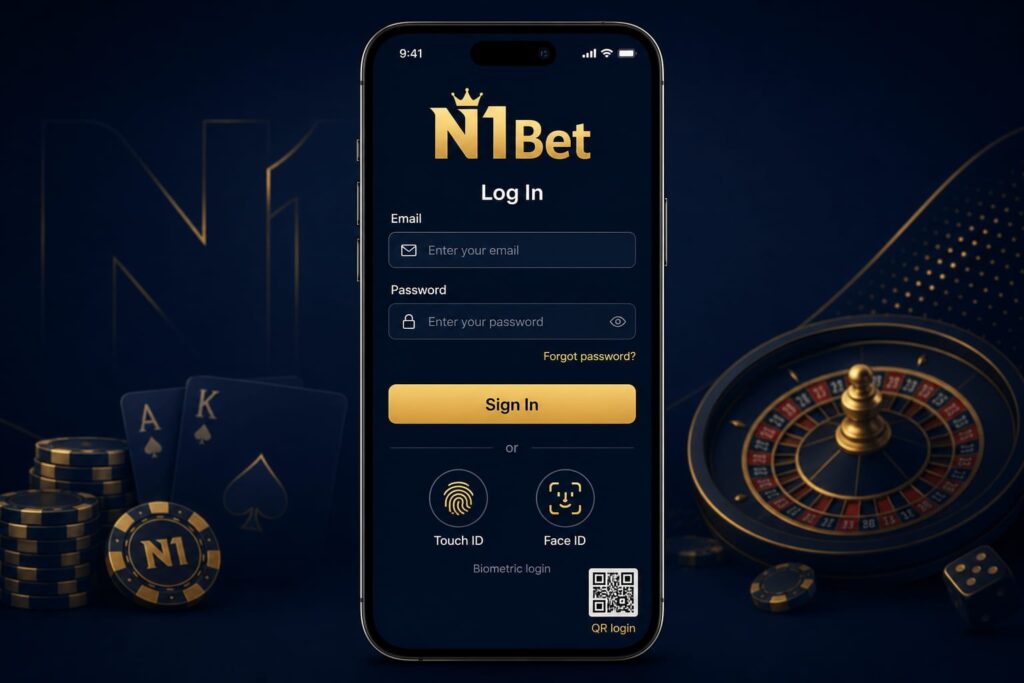Mobile login screen of the N1Bet application with biometric authentication features - n1bets.it