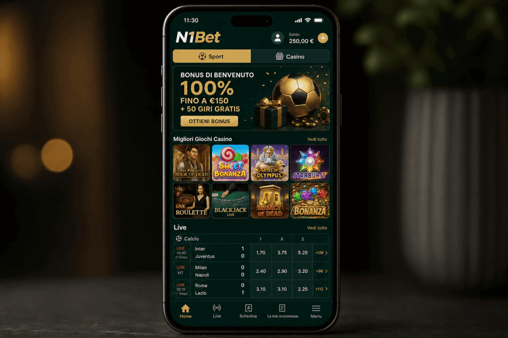Interfaccia principale e dashboard utente dell'app mobile N1Bet - n1bets.it