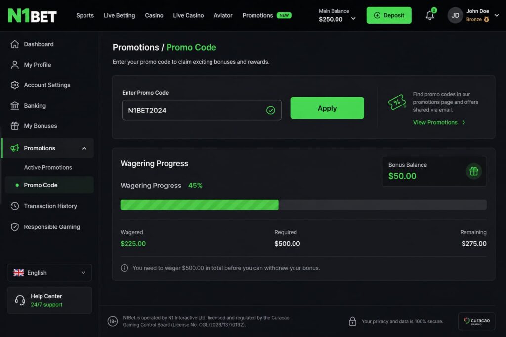 Step-by-step bonus activation panel inside the N1Bet profile dashboard - n1bets.it