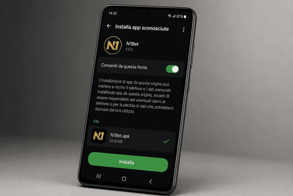 Impostazioni di sicurezza Android che consentono l'installazione dell'APK N1Bet su uno smartphone - n1bets.it